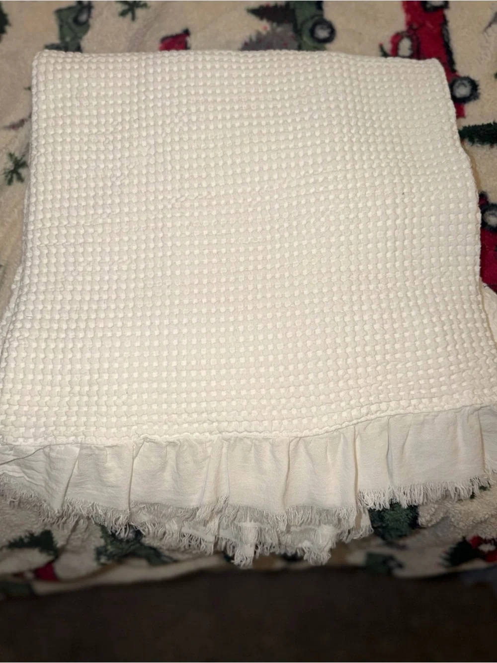Soft Waffle Weave White Shower Curtain with Ruffle Edge